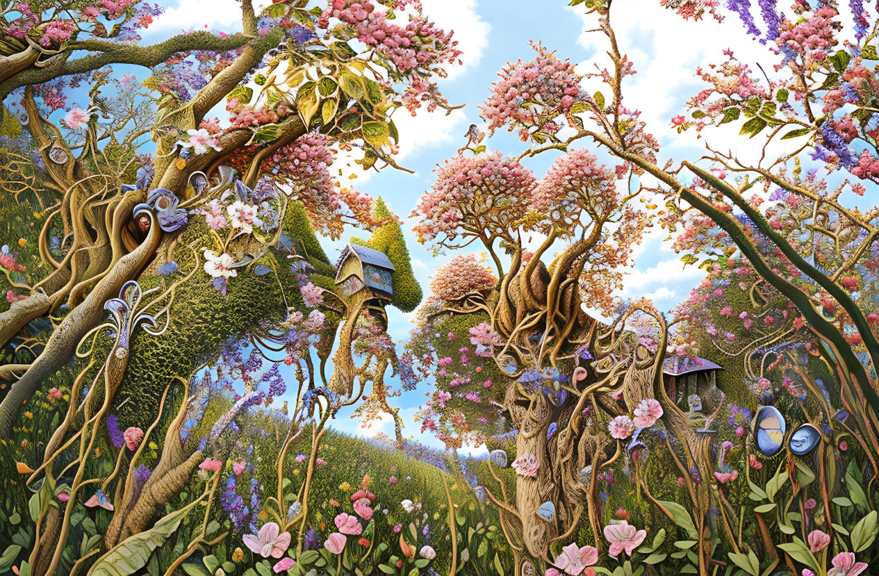 Colorful Enchanted Forest Illustration with Diverse Flora and Hidden Creatures