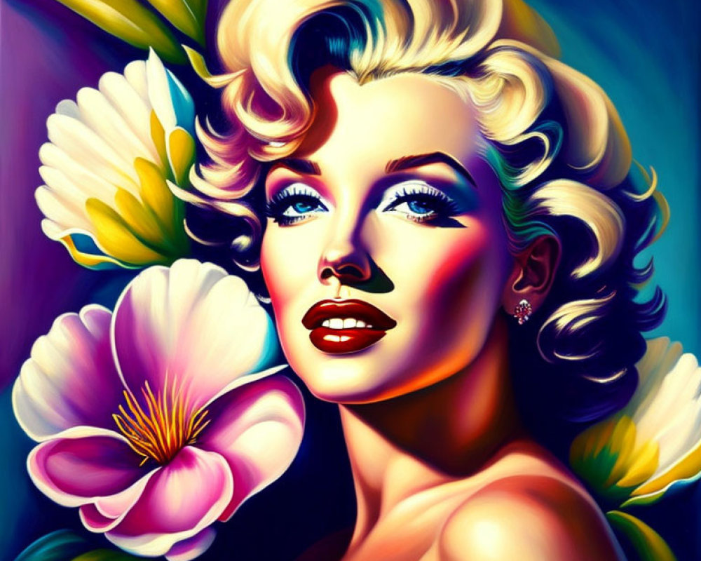 Vibrant digital portrait of a stylized woman with blonde hair and flowers