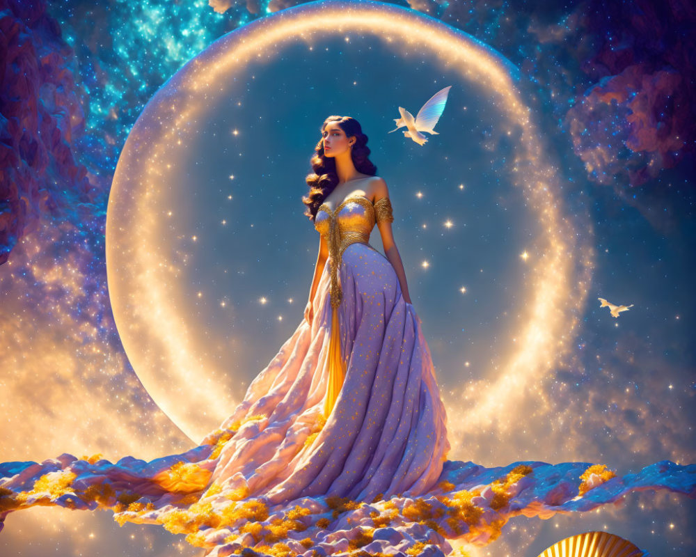 Majestic woman in golden dress on clouds with full moon, stars, butterflies, and glowing shell