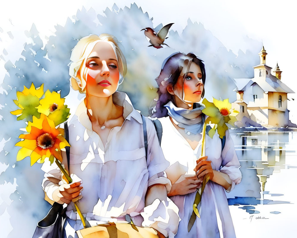 Serene watercolor painting of two women with sunflowers and birds in a church reflection