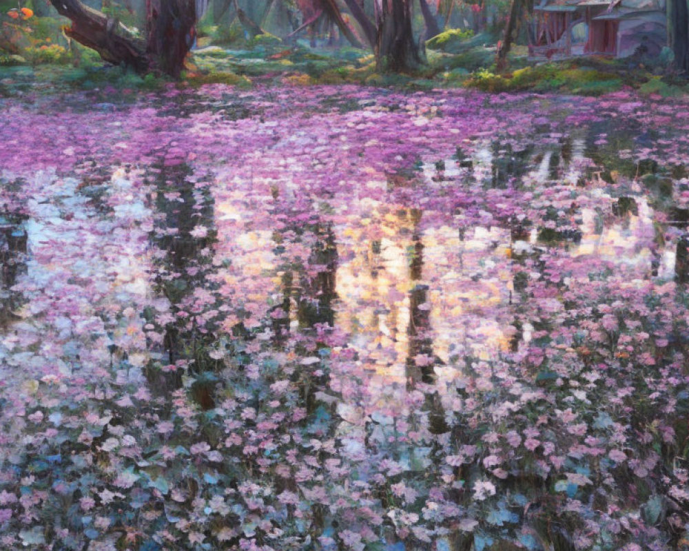 Tranquil forest landscape with blooming flowers and reflective water