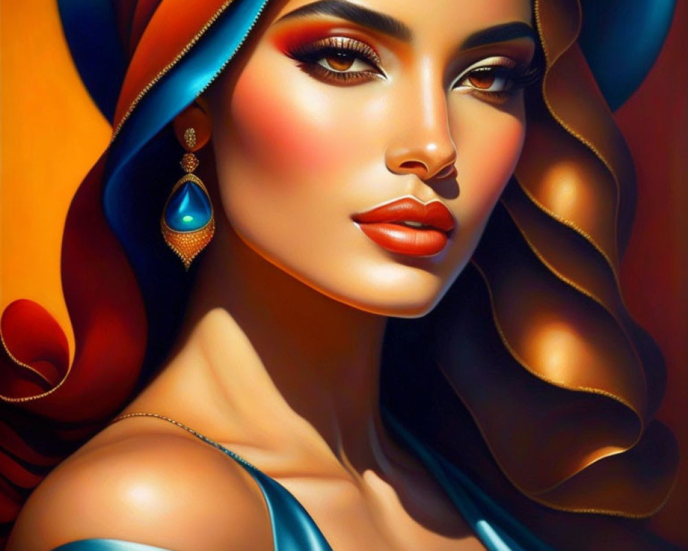 Colorful digital portrait of woman with blue headwrap and dress, golden hues.