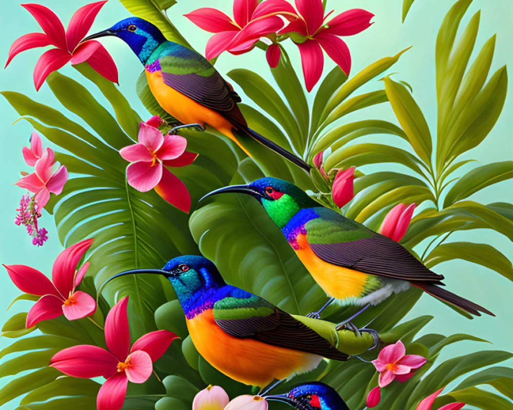 Colorful Birds Amid Greenery and Pink Flowers on Teal Background