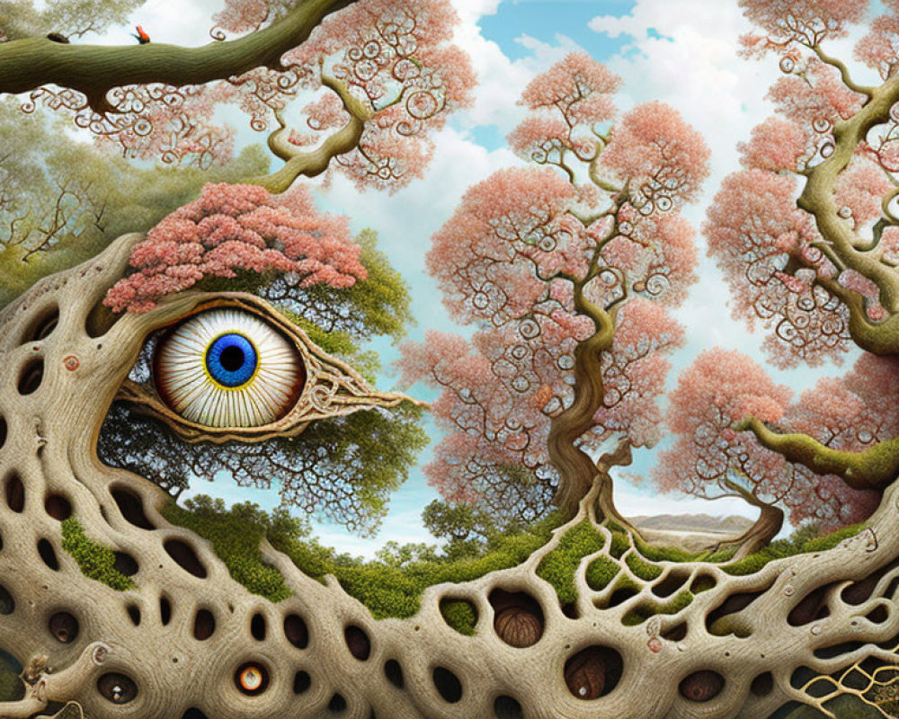 Surreal landscape with cherry blossom trees and integrated eye in fantastical tree