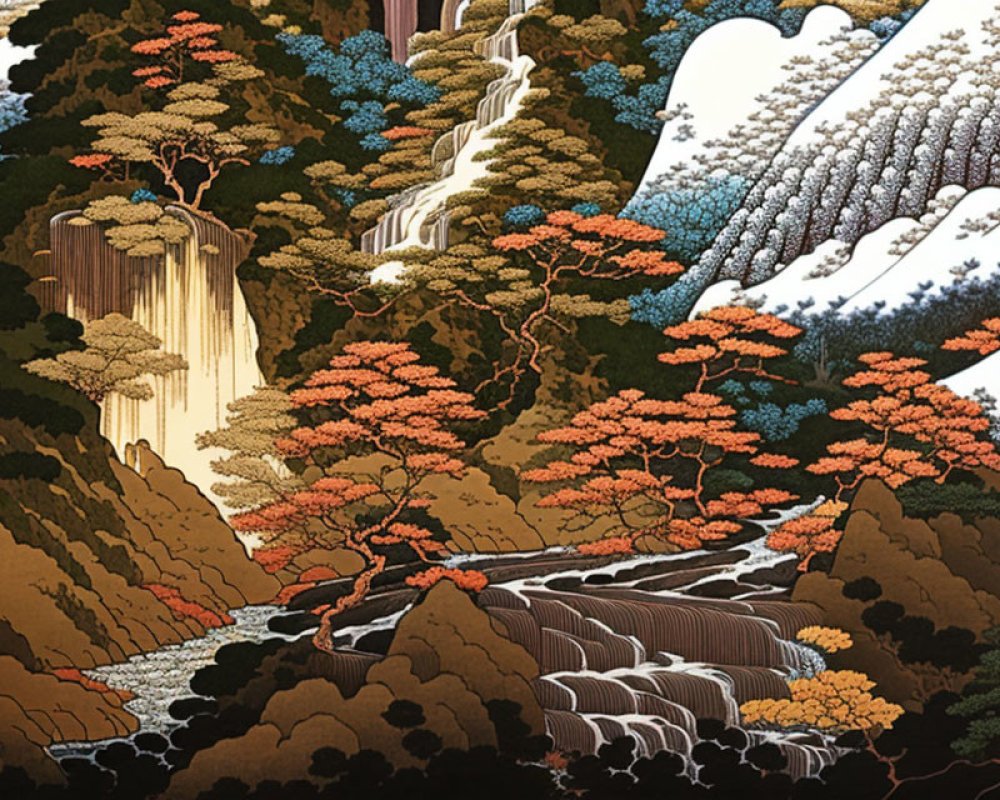 Japanese traditional art: Vibrant autumn trees, cascading waterfalls, snow-covered hills