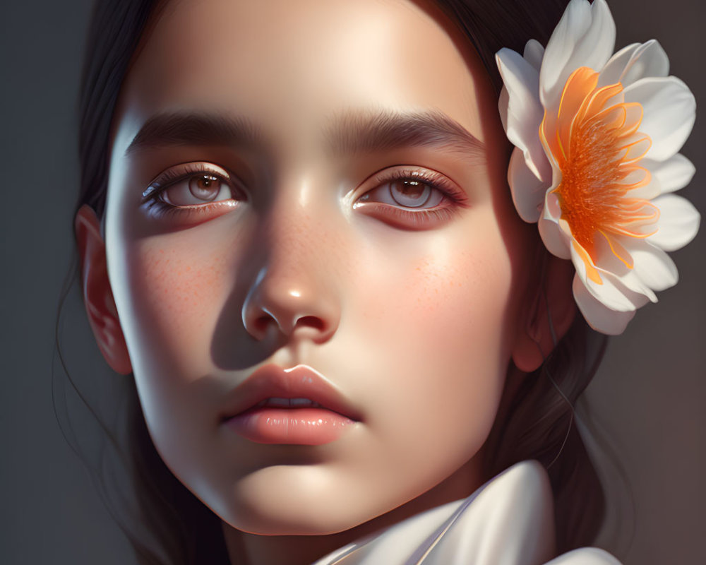 Detailed Digital Painting of Girl with White Flower in Hair