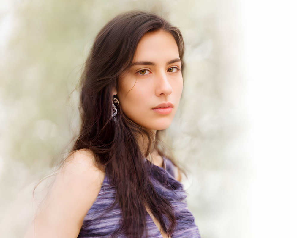 Young woman with long brown hair in purple top looks back against soft-focus background