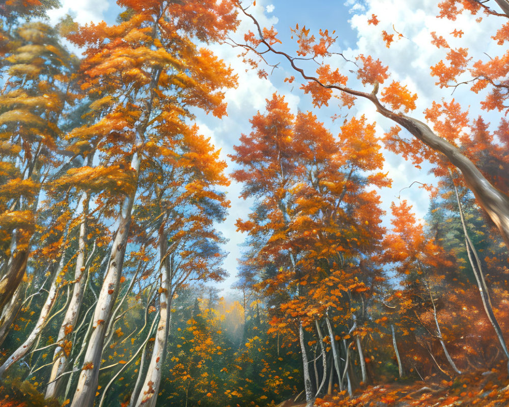 Vibrant autumn forest with tall orange and yellow trees against blue sky