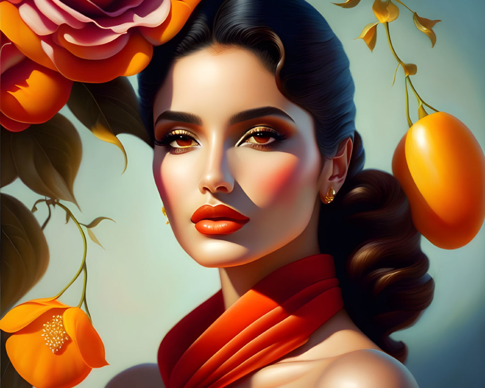 Illustrated portrait of a woman in red-orange attire with sleek hair, radiant makeup, surrounded by flowers