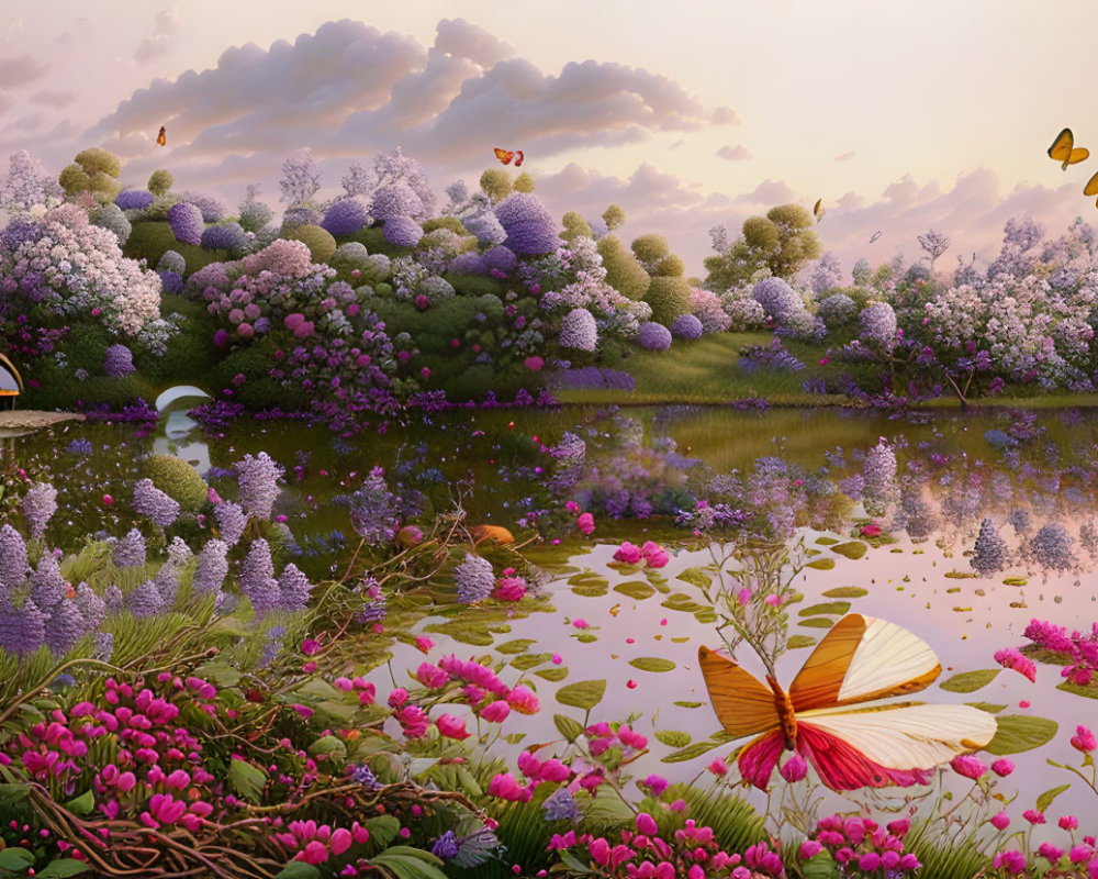 Tranquil landscape with flowers, pond, butterflies, and wooden hut at dusk