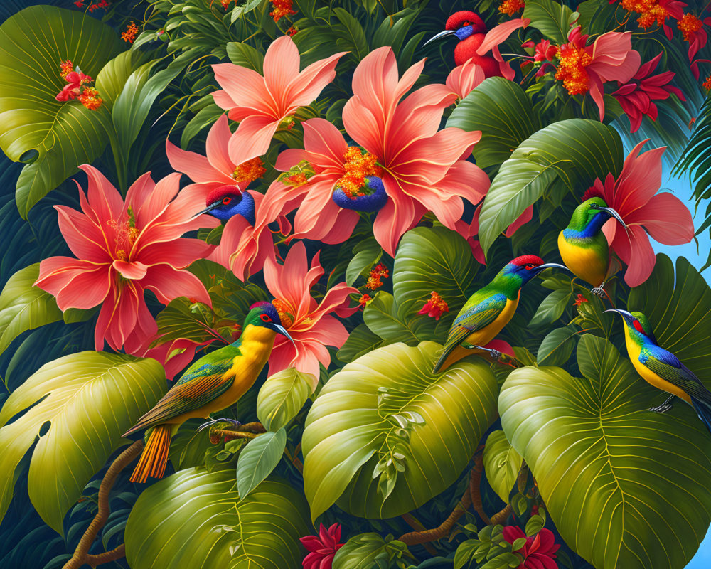 Colorful Birds in Lush Tropical Setting