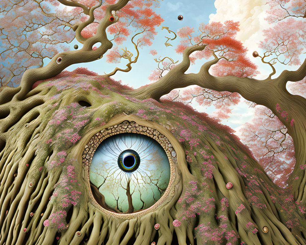 Surreal landscape featuring giant eye on organic hill with twisting pink trees under cloudy sky