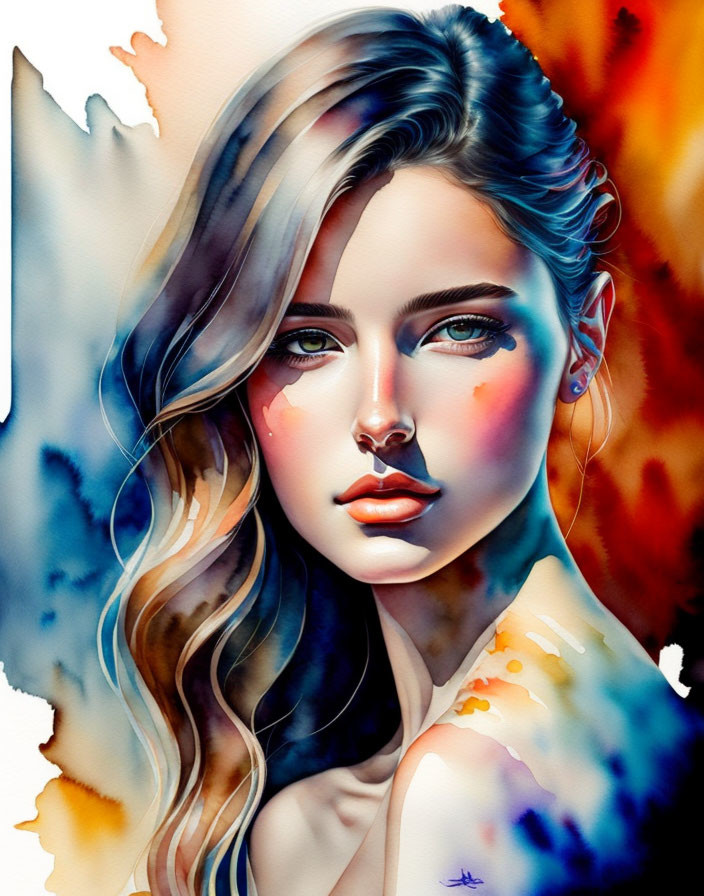 Colorful Watercolor Portrait of Woman with Wavy Hair