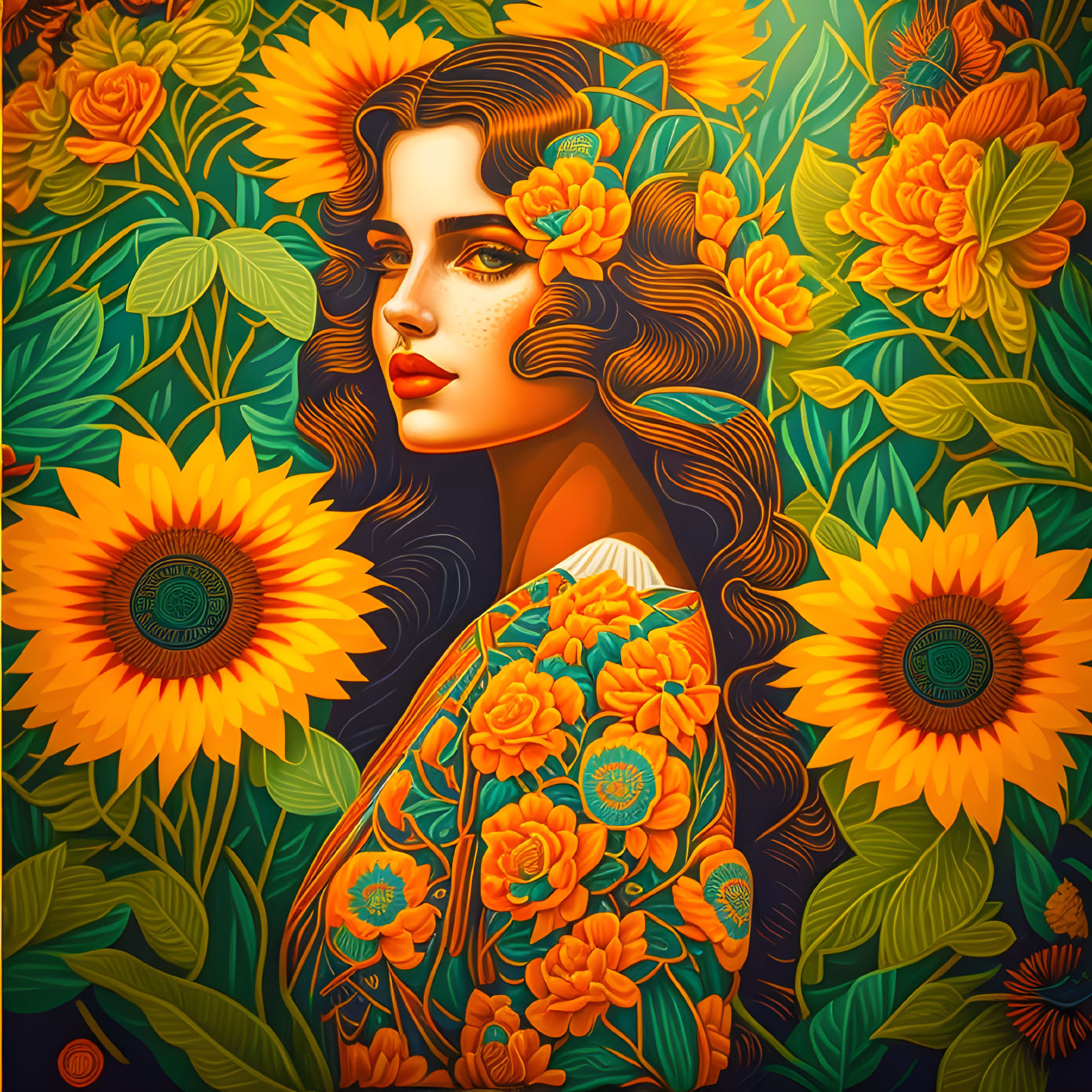 Dark-haired woman surrounded by sunflowers and orange blossoms in vibrant illustration