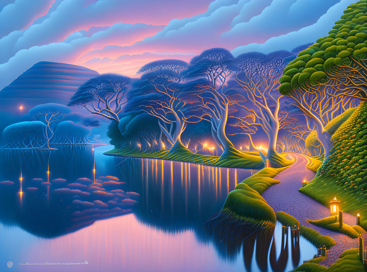 Colorful Fantasy Landscape with Trees, Elephants, River, Lanterns, and Hills