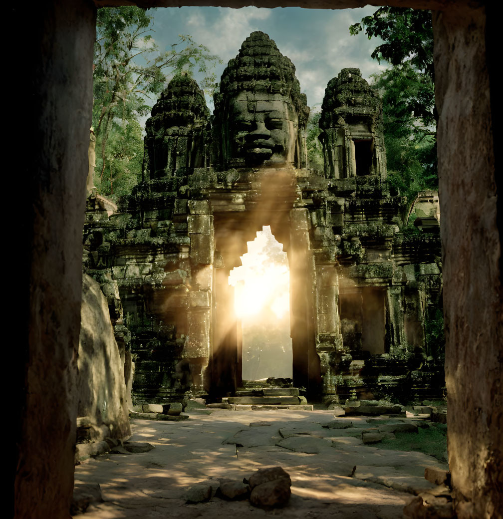 Stone temple gateway with carved faces, tree frame, and sunlight.