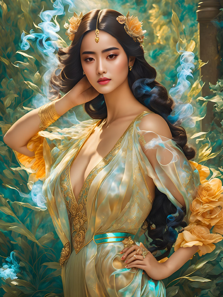 Elegant Woman in Gold Dress with Blue Smoke and Flowers Touching Head