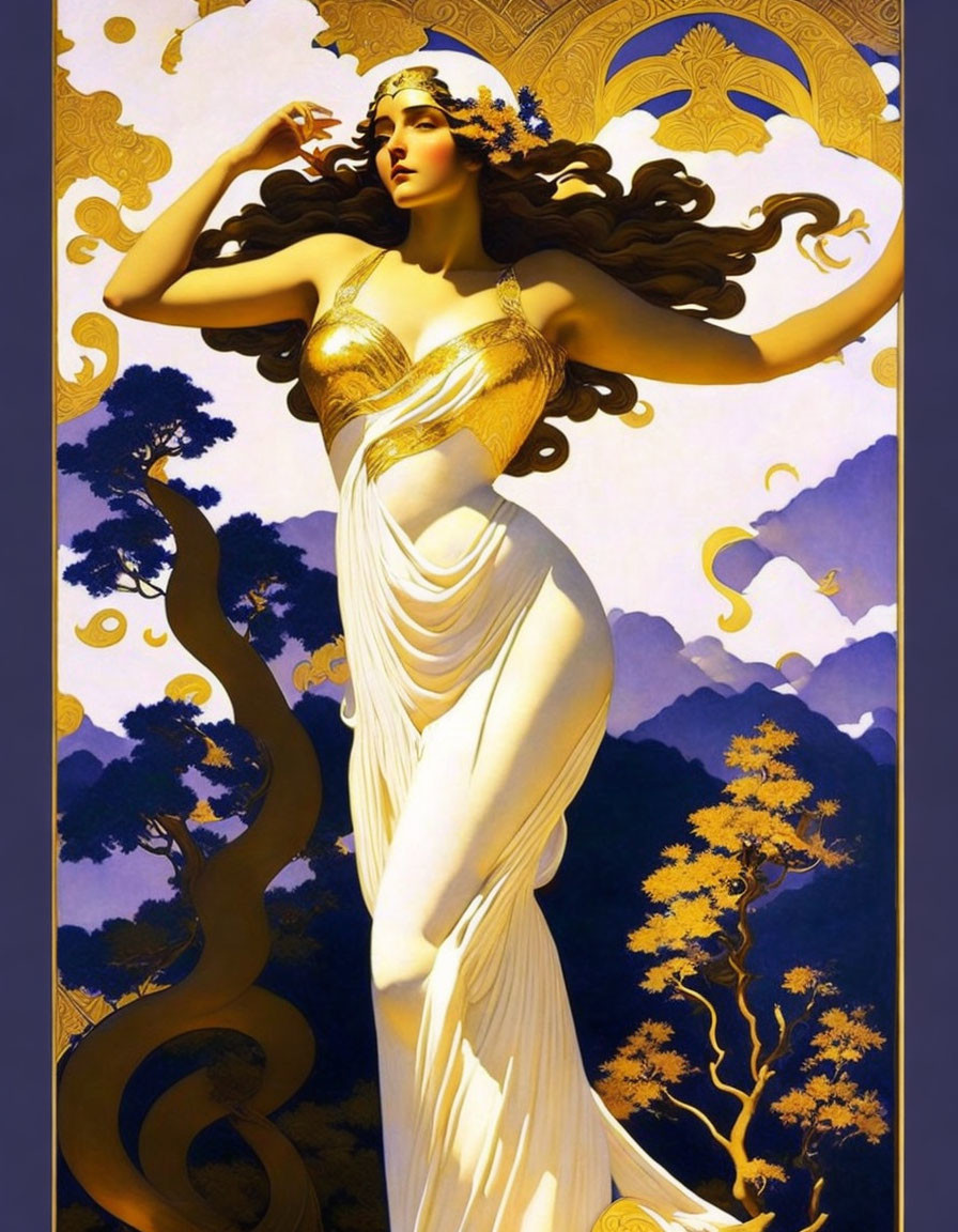 Illustration of woman in white garment with flowing hair, gold accents, mountains, trees, and sun