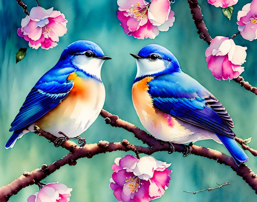 Vibrant Bluebirds on Branch with Pink Blossoms on Teal Background