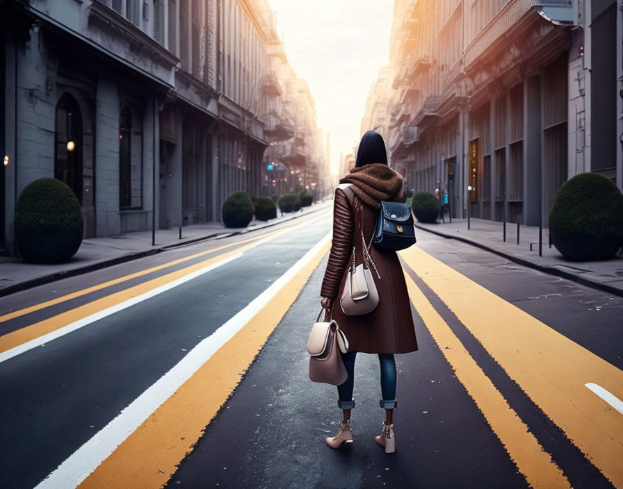 Person standing in deserted city street at dawn or dusk with backpack and handbag.