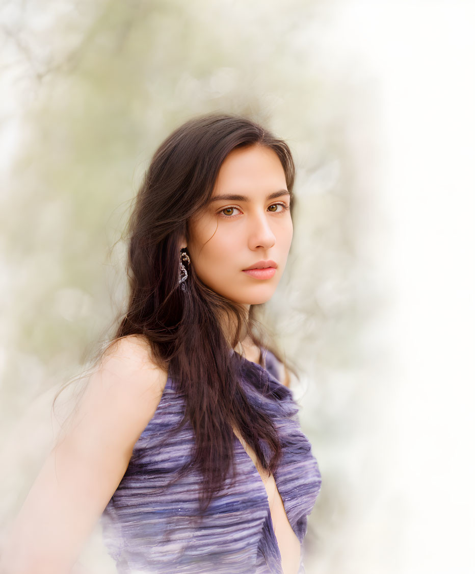 Young woman with long brown hair in purple top looks back against soft-focus background