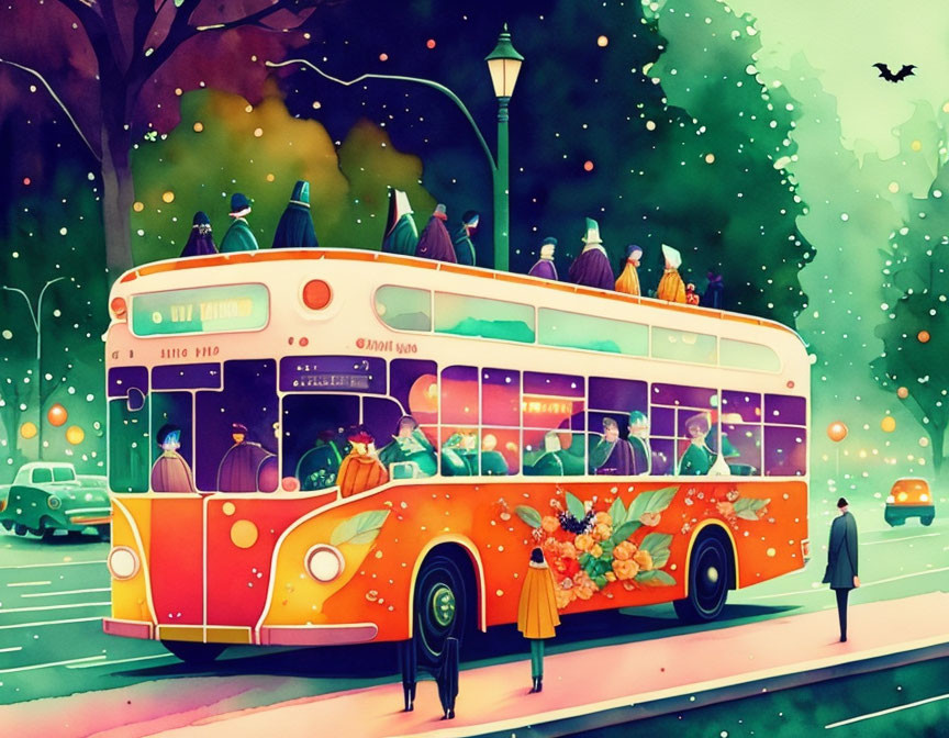 Colorful vintage bus with whimsical characters in autumn landscape