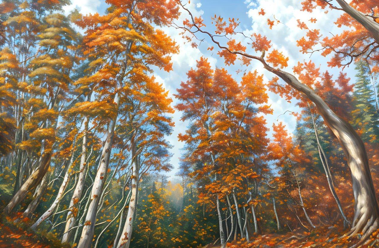 Vibrant autumn forest with tall orange and yellow trees against blue sky