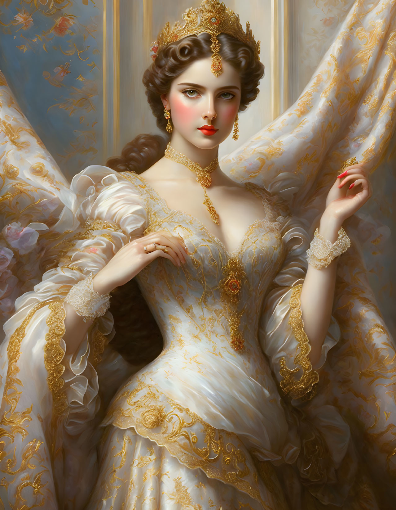 Regal woman in gold-trimmed gown against luxurious curtains