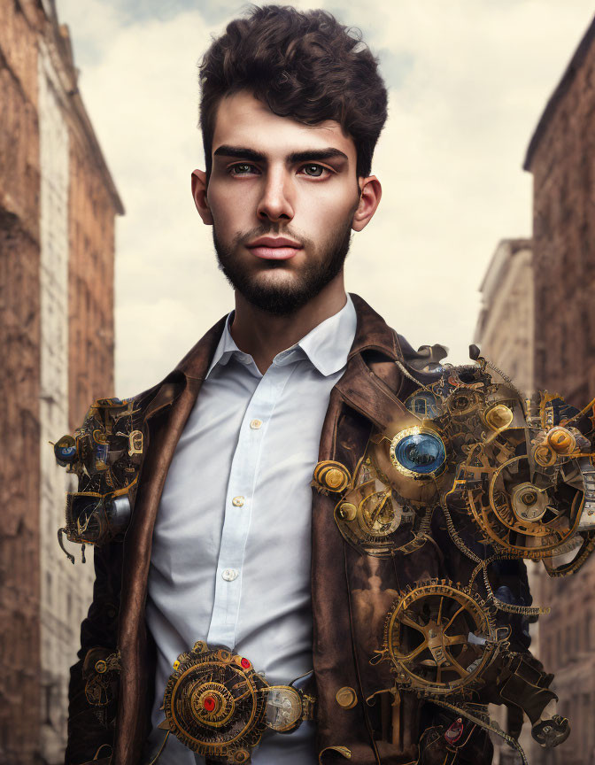 Steampunk-style arm modification on man under cloudy sky