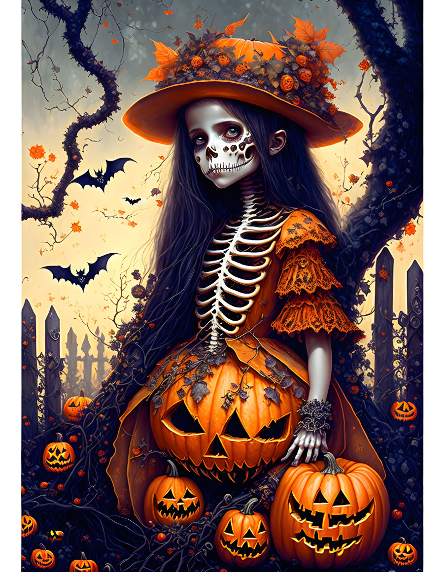 Spooky Skeleton Girl in Orange Dress with Pumpkin and Bats