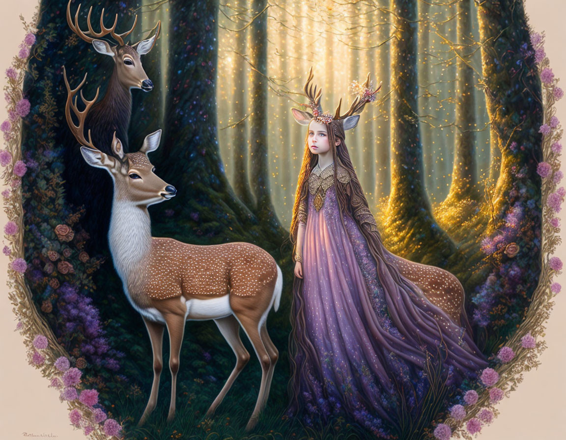 Mystical female figure in purple dress with deer-inspired crown in enchanted forest