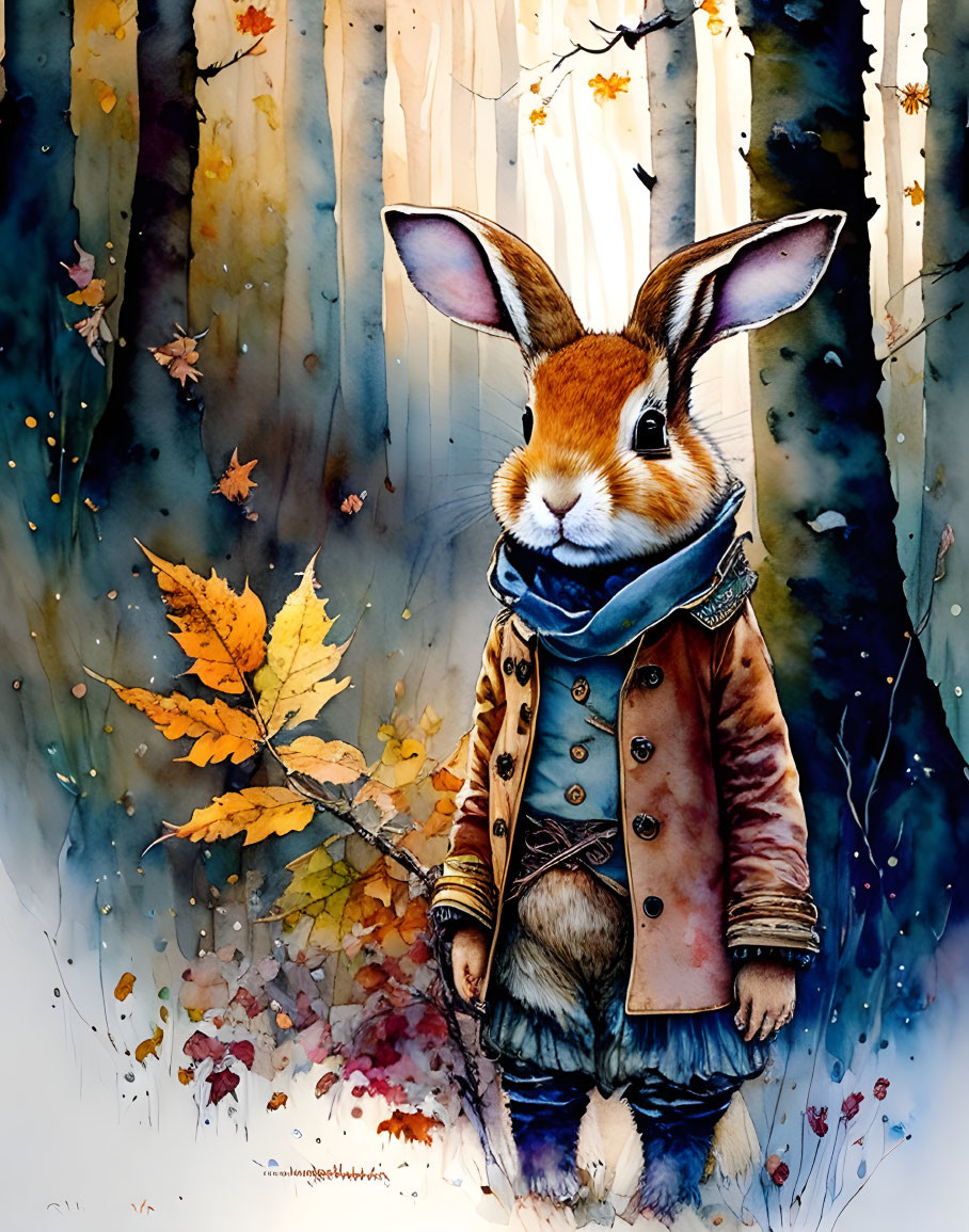 Anthropomorphic rabbit in jacket and scarf in autumn forest