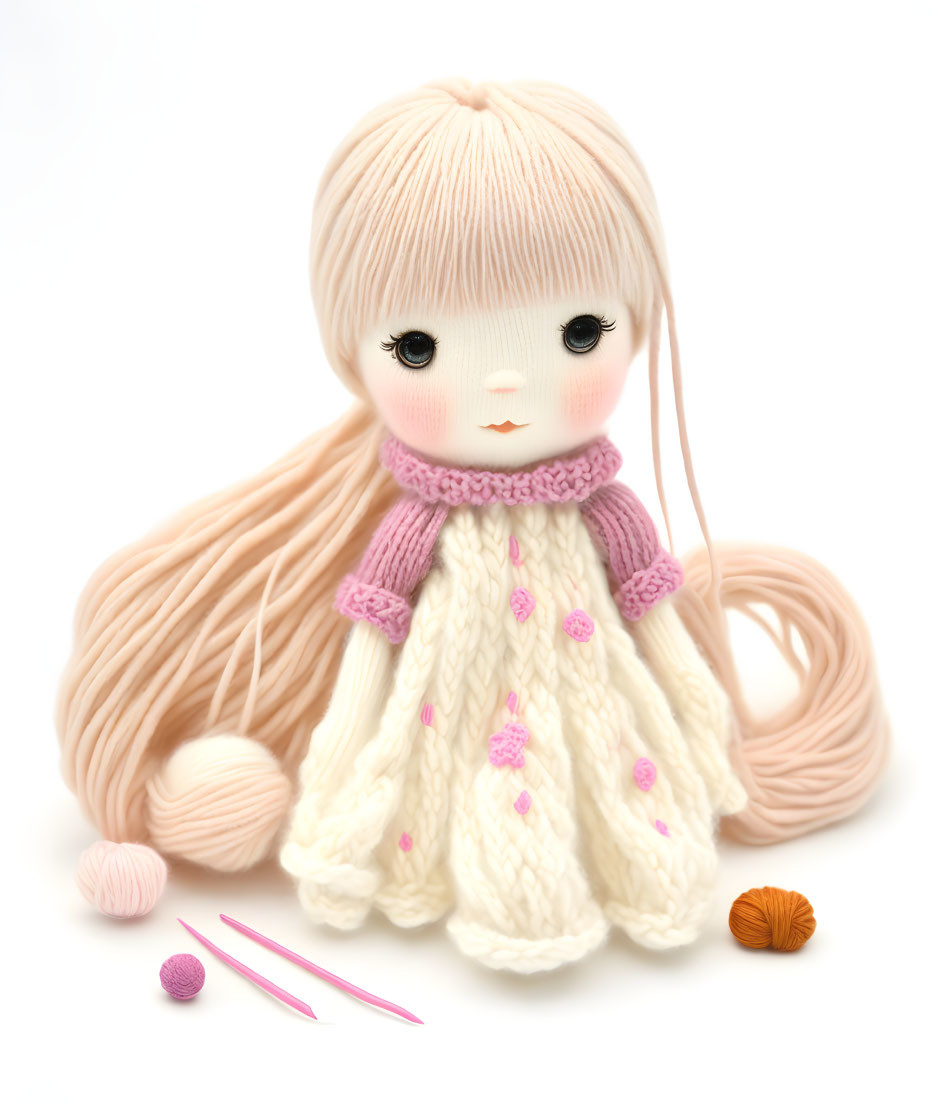 Blonde doll in white dress with pink details, surrounded by yarn balls and knitting needles