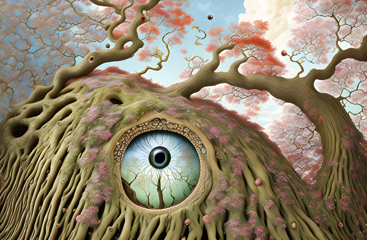 Surreal landscape featuring giant eye on organic hill with twisting pink trees under cloudy sky