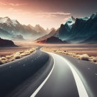 Desert Road Leading to Snow-Capped Mountains