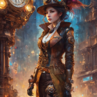 Elaborate steampunk attire woman by vintage city street clock