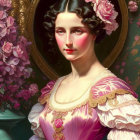 Vintage portrait of a woman in pink gown with golden accents among blooming flowers