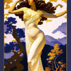 Illustration of woman in white garment with flowing hair, gold accents, mountains, trees, and sun