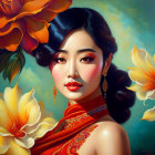 Illustrated portrait of a woman in red-orange attire with sleek hair, radiant makeup, surrounded by flowers