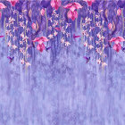 Detailed Purple Orchids Illustration with Gradient Background and Lace-like Leaf Patterns