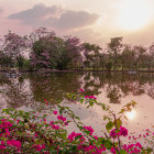 Serene Sunrise Scene: Pink and Purple Trees, Green Leaves, Small Bridge