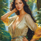 Ethereal woman with dark hair in golden gown and floral adornments