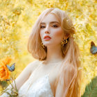 Young woman with blond hair, yellow flowers, and butterflies in serene setting