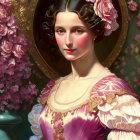 Classic Portrait of Woman with Dark Hair in Pink Dress and Floral Adornments