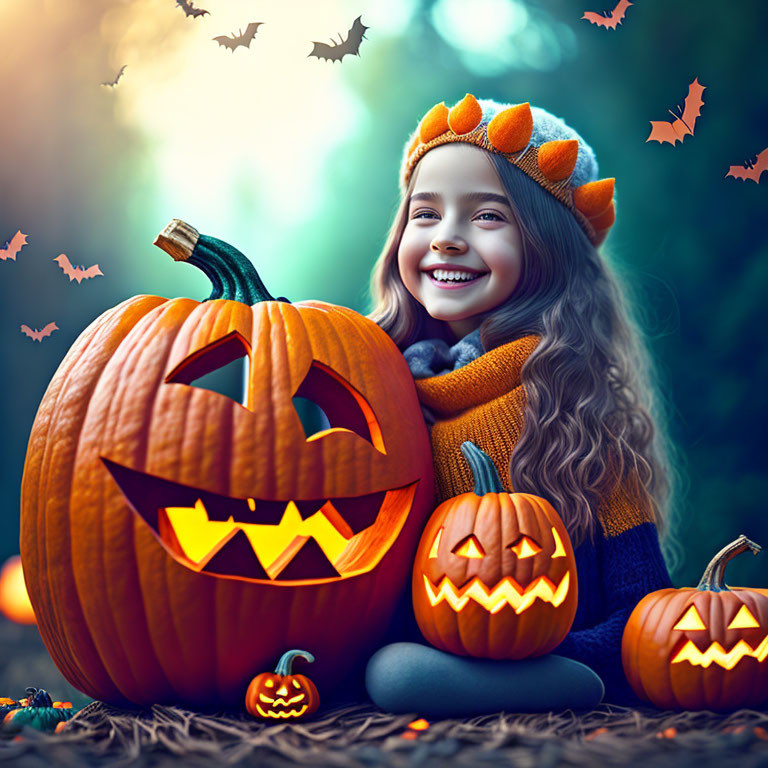 Smiling girl with carved pumpkins in Halloween setting