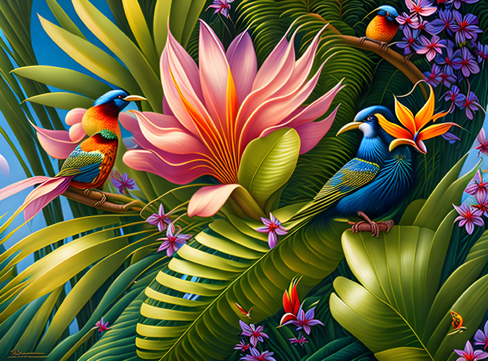 Colorful Birds Among Exotic Foliage and Pink Bloom