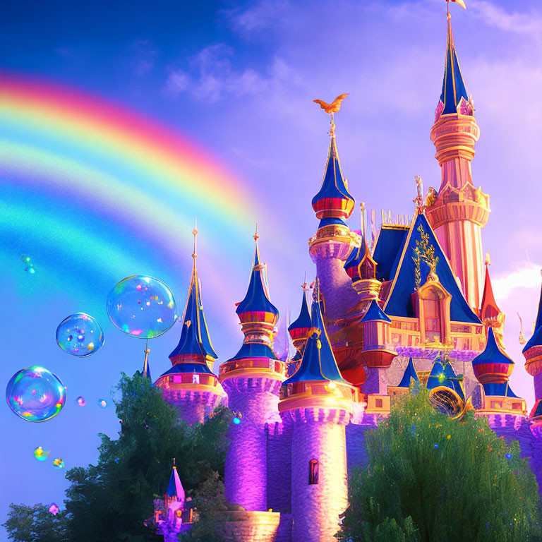 Colorful castle with spires, rainbow sky, and floating bubbles in whimsical scene