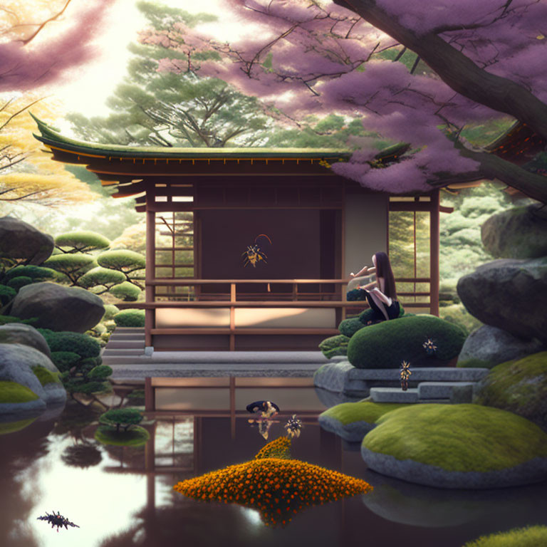 Traditional Japanese Garden with Pavilion, Flowering Trees, Bushes, and Pond