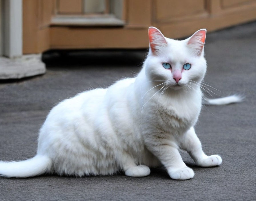 White Cat with Striking Blue Eyes Sitting on Paved Surface