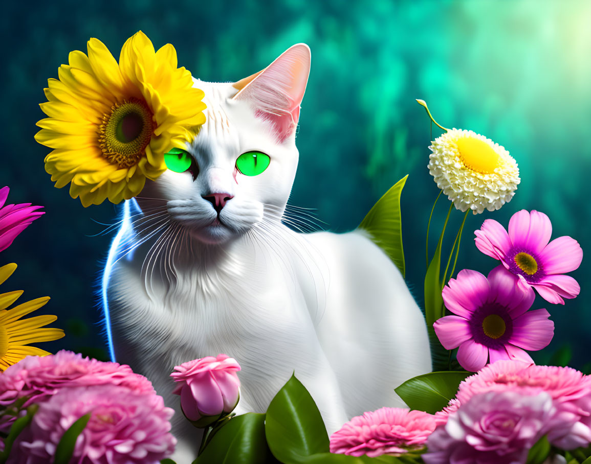 White Cat Digital Artwork with Green Eyes and Sunflower Eye Cover